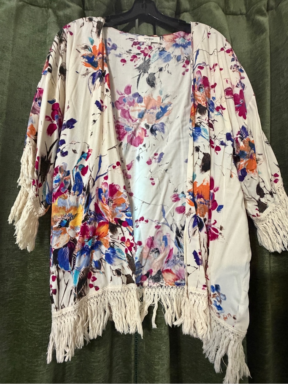 Umgee Cream Floral Fringe Open-Front Kimono Jacket